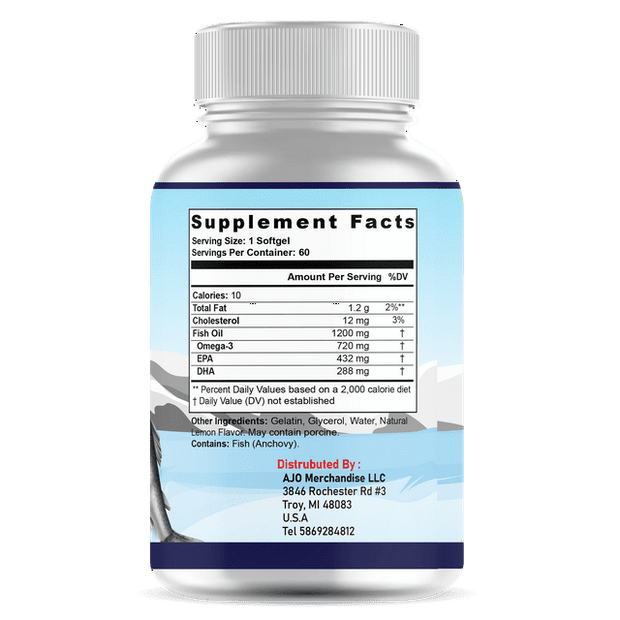 Omega 3 Fish Oil 2600 mg - Fish Oil 1200mg + Omega-3 720mg + EPA 432mg + DHA 288mg - Best Essential Fatty Acids - Premium Burpless Softgel, 60ct