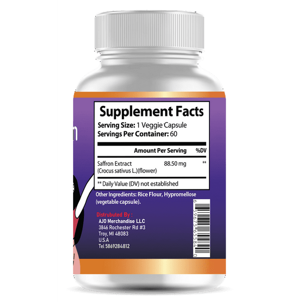 Saffron Extract Capsules 88.50 mg - Natural Appetite Suppressant - Improve Mood Focus & Vision - Weight Loss Supplement 60 ct.