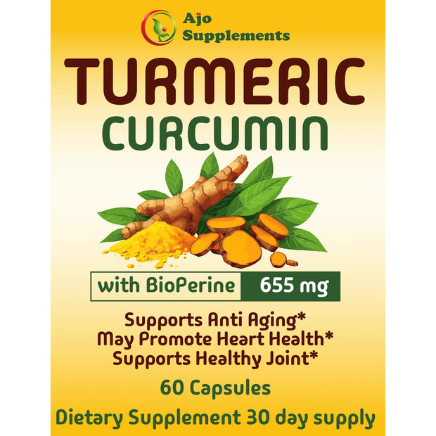 Turmeric Curcumin with Bioperine 655mg - Supports Healthy Joints, Heart Health, Anti-Aging, 60ct Capsules.