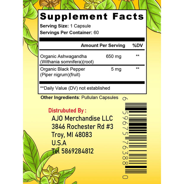 Ashwagandha Capsules 655mg with Black Pepper - Supports Anxiety & Stress Relief, Promotes Wellness, 60ct, Enhanced Absorption for Maximum Effectiveness