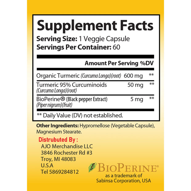 Turmeric Curcumin with Bioperine 655mg - Supports Healthy Joints, Heart Health, Anti-Aging, 60ct Capsules.