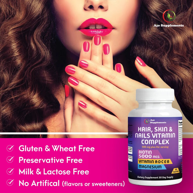 Hair, Skin & Nails Vitamins with 5,000mcg Biotin for Healthy Hair, Skin & Nails – 60ct, Comprehensive Formula for Women & Men