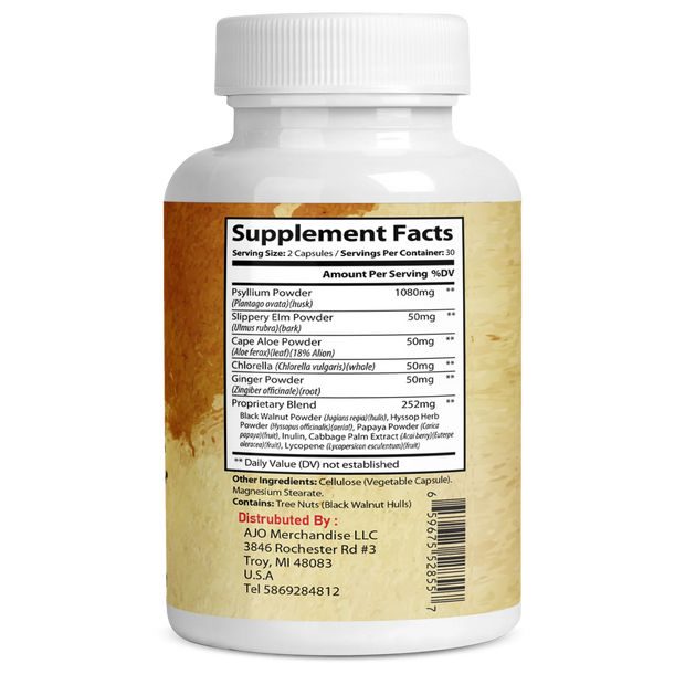 100% Psyllium Husk Fiber Capsules – Natural Digestive Support, 60 Capsules for Regularity, Healthy Gut, and Cholesterol Management.