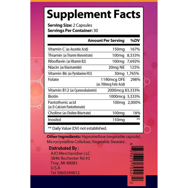 Vitamin B Complex with Vitamin C - Boost Energy, Support Nervous System & Immune Health, 60 Capsules for Overall Wellness and Vitality.