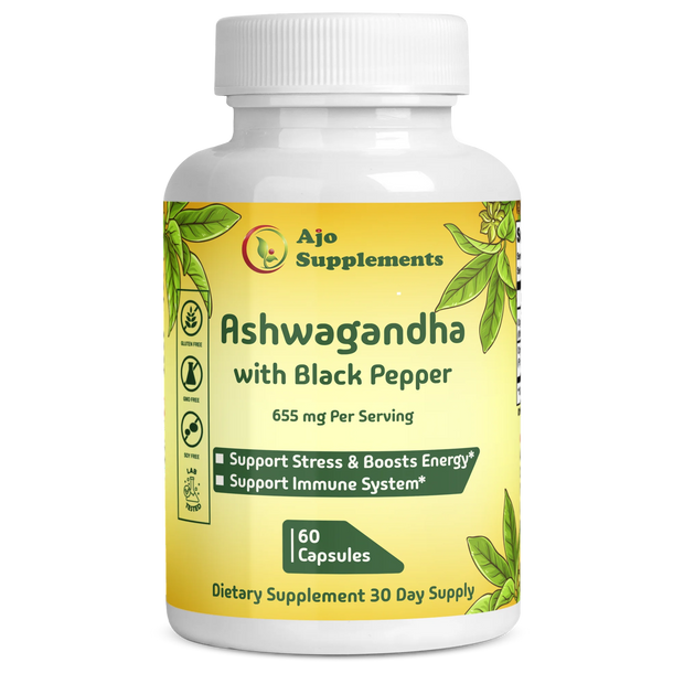 Ashwagandha Capsules 655mg with Black Pepper - Supports Anxiety & Stress Relief, Promotes Wellness, 60ct, Enhanced Absorption for Maximum Effectiveness