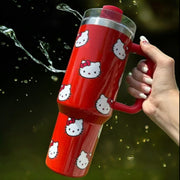 Stylish & Durable Hello Kitty 40oz Stainless Steel Red Vacuum Insulated Travel Tumbler with Handle & Straw for Coffee, Tea & More