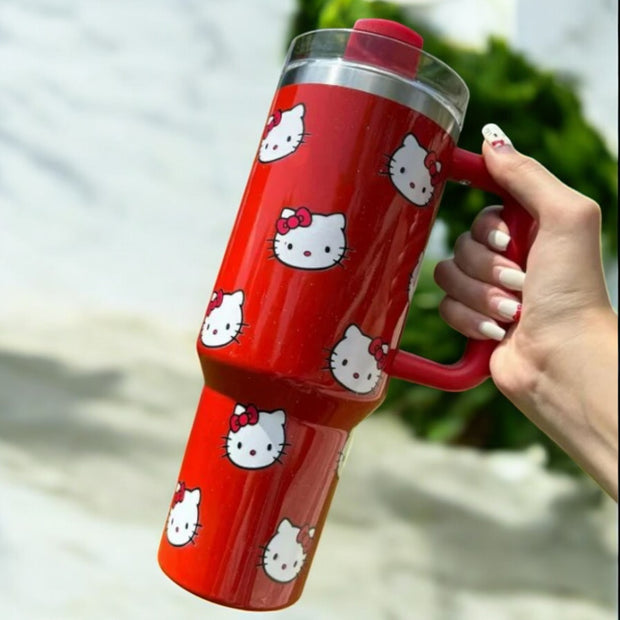 Stylish & Durable Hello Kitty 40oz Stainless Steel Red Vacuum Insulated Travel Tumbler with Handle & Straw for Coffee, Tea & More