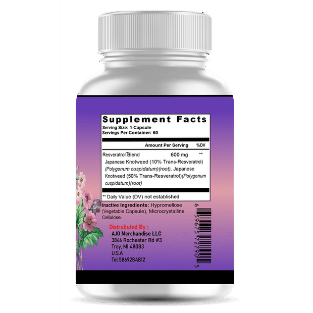 Resveratrol Supplement 600mg - Trans-Resveratrol Antioxidant, Anti-Aging Support, Immune System Support, 60ct