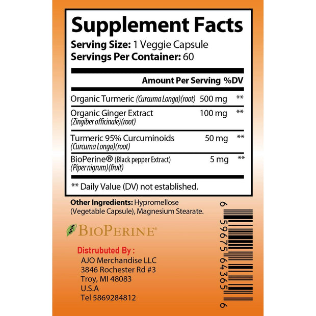 Turmeric Curcumin with Black Pepper & Ginger 655mg - Joint Support Supplement, 60 Capsules for Comfort, Flexibility & Enhanced Absorption.