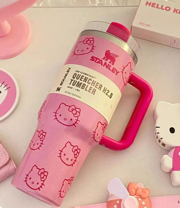 Stylish & Durable Hello Kitty 40oz Stainless Steel Pink Vacuum Insulated Travel Tumbler with Handle & Straw for Coffee, Tea & More