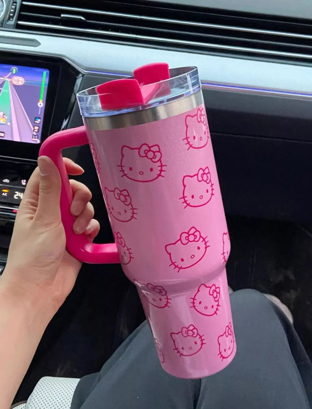 Stylish & Durable Hello Kitty 40oz Stainless Steel Pink Vacuum Insulated Travel Tumbler with Handle & Straw for Coffee, Tea & More